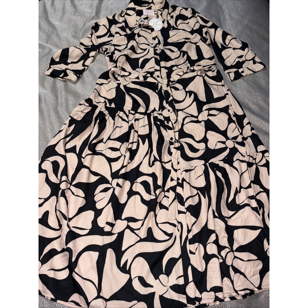 Us Together Shirtdress Midi Button Up Belted Cream Black Abstract Print 2XL